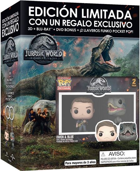 Foto de Jurassic World 2 - El Reino Caído - Blu Ray 3D + Blu Ray + DVD Bonus + 2 Llavero Funko POP! Owen & Blue Edición Limitada